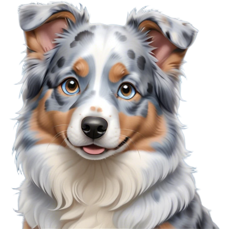Cinematic Cute Tan Point Blue Merle Australian Shepherd Portrait Emoji, Head tilted playfully and inquisitively, soft blue merle fur accented by vibrant tan points and subtle white markings, round, sparkling blue eyes filled with curiosity, Simplified yet irresistibly adorable features, highly detailed, glowing with a warm, friendly glow, high shine, affectionate and lively, stylized with a touch of whimsy, bright and endearing, soft glowing outline, capturing the essence of a mischievous yet loving pup, so playful it feels like it could bound out of the screen and into your arms! emoji