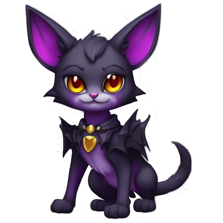Anthro-Cute-Edgy-Cool-Vampiric-Batty-Cat-Black-Purple-Red-Grey-White-Yellow-Contrast-Colors-Fantasy-Fur-Sona-Chibi-Shiny-Fakémon-Hybrid with horns and big fangs and collar full body emoji