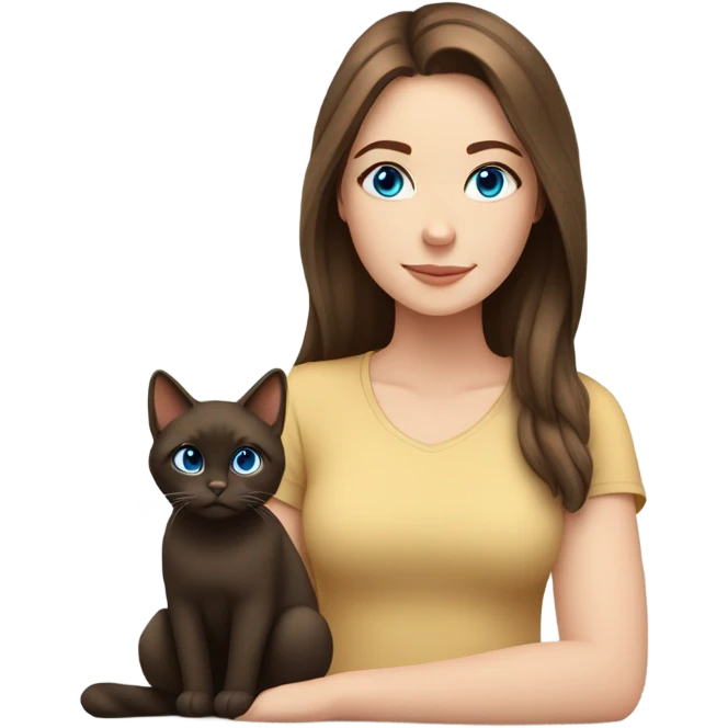 white girl with dark brown hair and blue eyes with a brown cat emoji