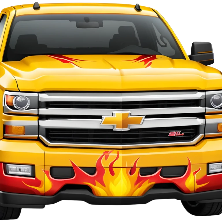 Bright yellow Chevrolet Silverado with red flame artwork exclusively on the front bumper, clean hood, exactly as in Kill Bill, 30-degree angle showcasing bumper detail, iOS emoji style emoji