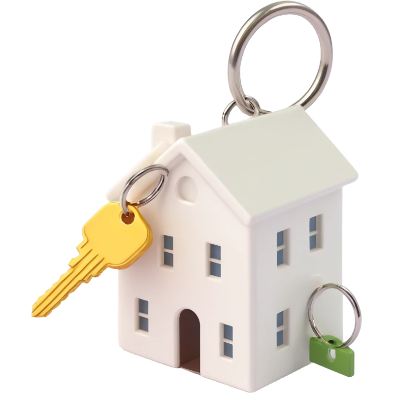close-up side view of two white keys on a ring with a white house-shaped keychain, 3D Emoji style, soft shadows and highlights, no decoration, transparent background emoji