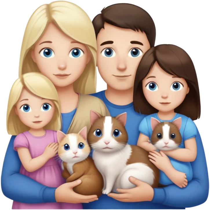 Family portrait with father with dark brown hair and blue eyes, mother with light brown hair and blue eyes, three blonde little girls with blue eyes, plus a cat and two guinea pigs emoji