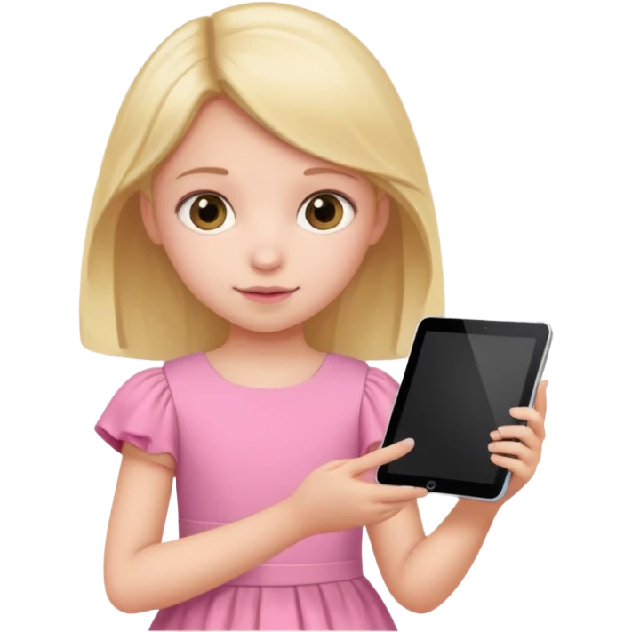 kid girl hold a tablet, pink dress emoji