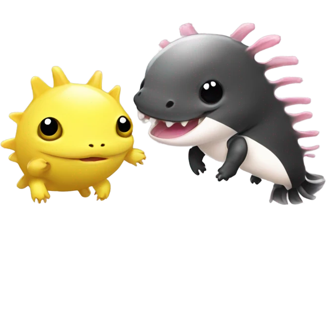 black and white axolotl playing football with yellow axolotl emoji