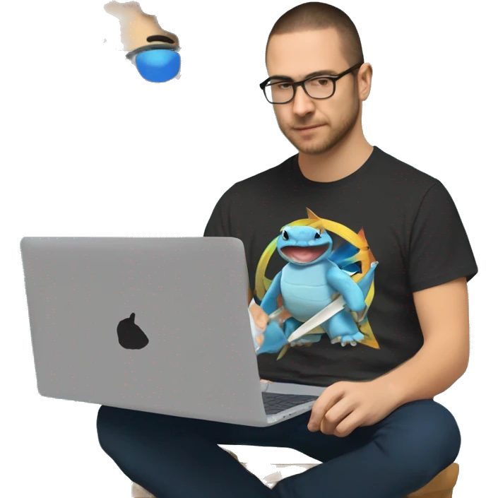 a colombian software engineer wearing a t-shirt with the band metallica. the engineer is writting on a laptop. next to the engineer is a squirtle pokemon that is his pet emoji