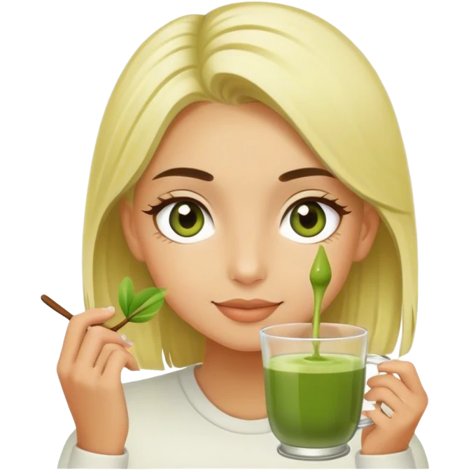 a blondie girl with olive eyes enjoying her matcha emoji