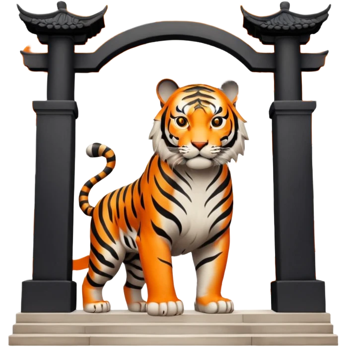 Traditional Chinese ink painting style emoji. A powerful tiger (like the ancient character 虎), standing guard in front of mystical gates (門). Energy swirls around him like a vortex (🌀). Minimalist, transparent background, 512x512 pixels. emoji