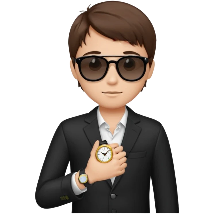 Un niño con pelo lacio color castaño,con lentes de sol negros y un reloj en la mano emoji