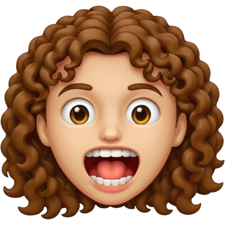 Emoji with huge tooth gap curly brown hair and spit in corners of mouth emoji