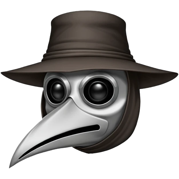 Morbid medieval plague doctor mask with a wide, sinister smile, visible in the empty eye sockets a tiny glow. Clean, stylized lines, flat vector illustration suitable for a small emote. Stylized as a medieval woodcut or metal engraving. Black and white with one accent color  emoji