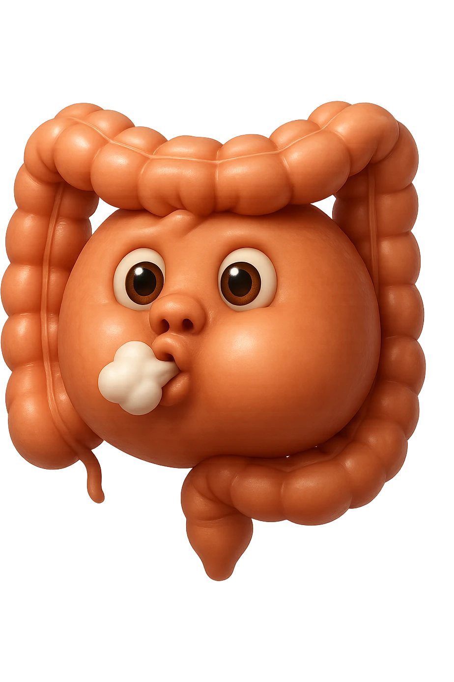 emoji stile iphone di un intestino che ingoia una nuvoletta di aria ben visibile e gli si gonfia la pancia, non fargli il naso, iperrealistico 4k emoji