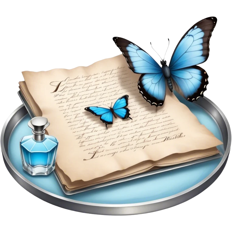 A nostalgic evening scene where an open love letter, with elegantly fading ink, lies next to a silver tray holding a vintage perfume bottle. A single pale blue butterfly lands gently on the aged parchment, as the soft scent of jasmine and peonies fills the air. emoji