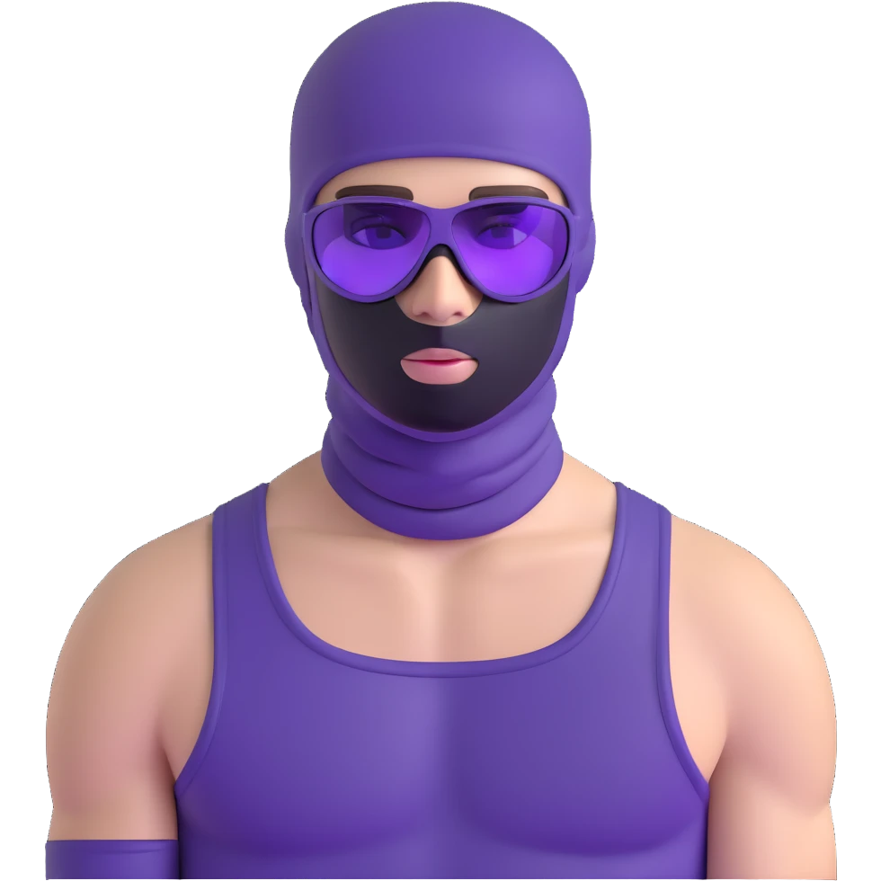 shirtless athletic man with white skin, wearing a purple balaclava face mask and purple sunglasses with black tinted lenses emoji