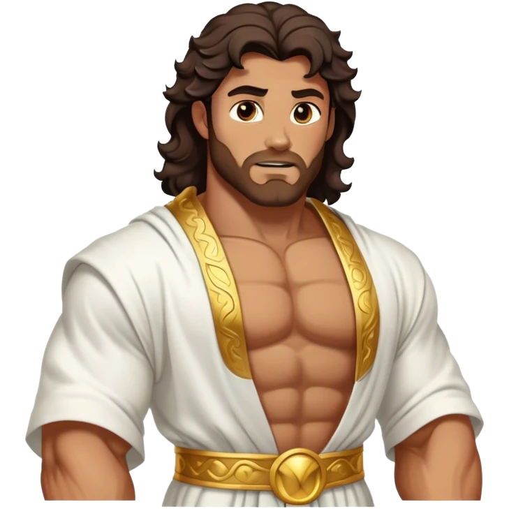 Cinematic Realistic Hercules Portrait, depicted as a classical Greek statue with a robust, muscular build and perfectly chiseled features. His bronze, sun-kissed skin has a timeless, marble-like quality, and his thick, wavy dark hair frames a face exuding determination and quiet nobility. Draped in a flowing white robe with subtle golden accents, the portrait is rendered under dynamic natural lighting that highlights every sculpted detail and evokes the majesty of ancient myth. emoji