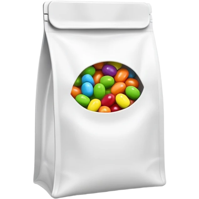 Extremely simplified half-open Skittles pouch with just a few green candies peeking out. Clean rainbow colored minimal design. emoji