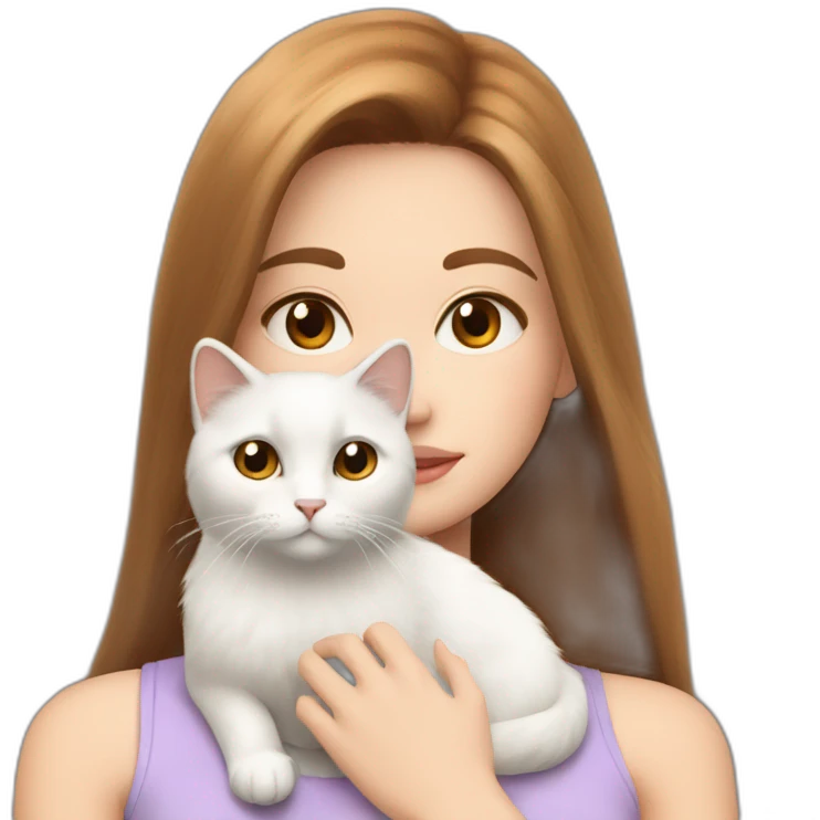 A girl with brown straight hair and on her left shoulder and neck lies a white fluffy cat with eyes of different colors emoji