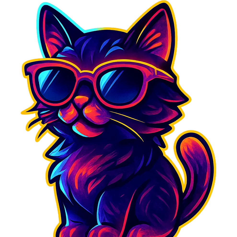 cat with sunglasses with neon glow, vibrant toon style emoji