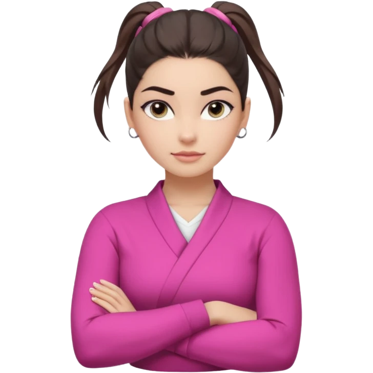 Character: Go-getter, confident, intelligent, composed
Emoji Look:

Light gray eyes, very noticeable

Well-shaped eyebrows, strong appearance

Upper ponytail

Street fashion look
Fair skin with a pink undertone

Arms crossed pose
Feeling: Girl Boss, cool beauty, minimal but powerful emoji