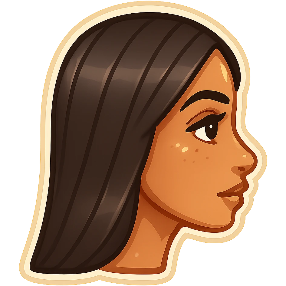 Create a side view (profile) of this woman's head, matching the same cartoon emoji style of the reference image, with long dark hair and similar facial features. Variant 2. emoji
