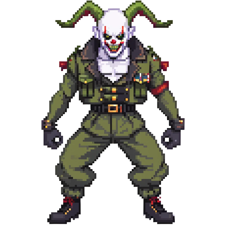 evil clown soldier, bald, short black devil horns on forehead, fangs, pointed ears, black and military green clothes with bellbottom pants, realistically proportioned, less bulky, full body, fighting stance emoji