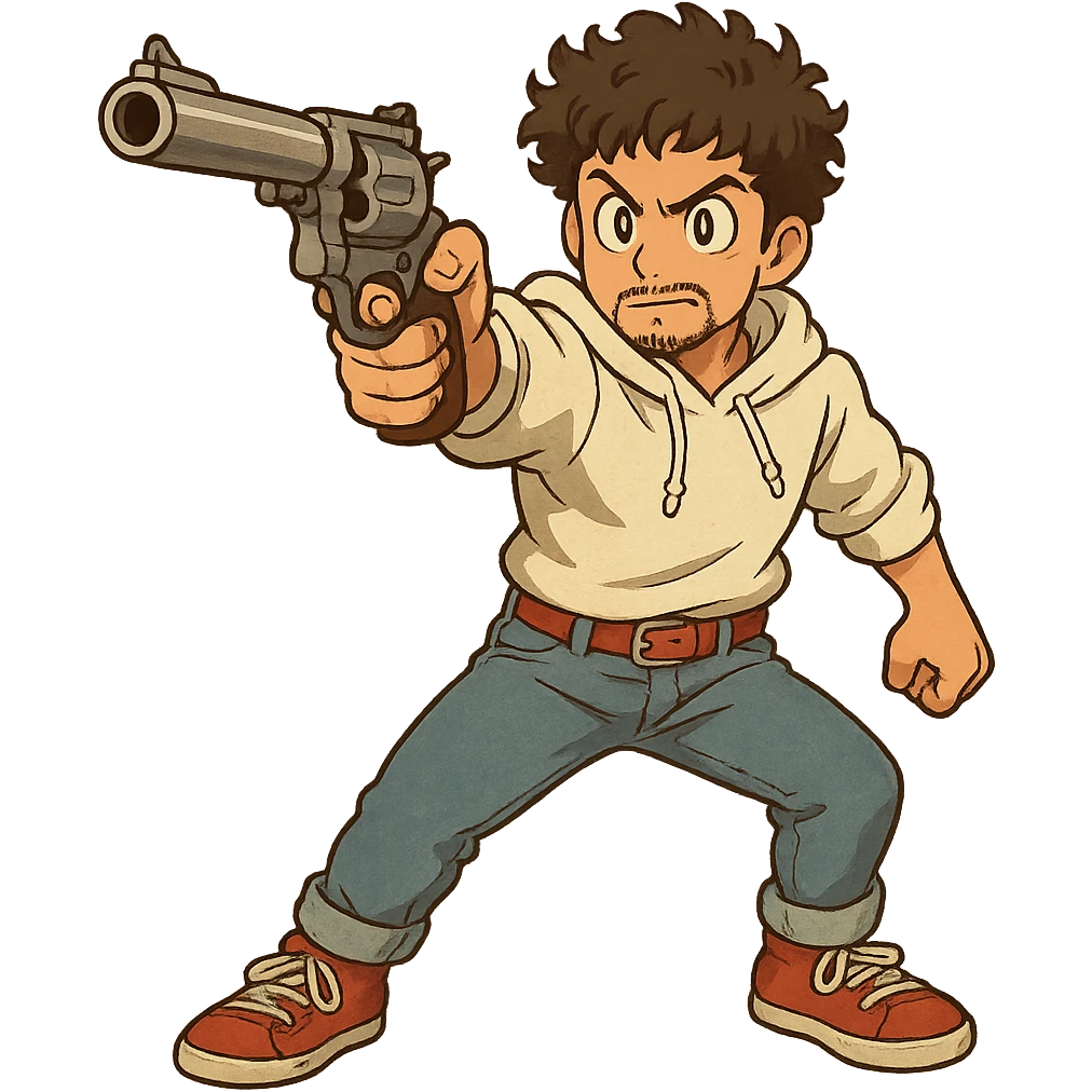 1 male, mid fade haircut dark chestnut brown curly hair, toasted lightskin, white hoodie sleeves up, fashion jeans, red fashion-sneakers shoes, red belt, short trimmed beard and goatee,  style of deku from "my hero academia", drawing a magnum revolver like dirty harry, twtich emote emoji