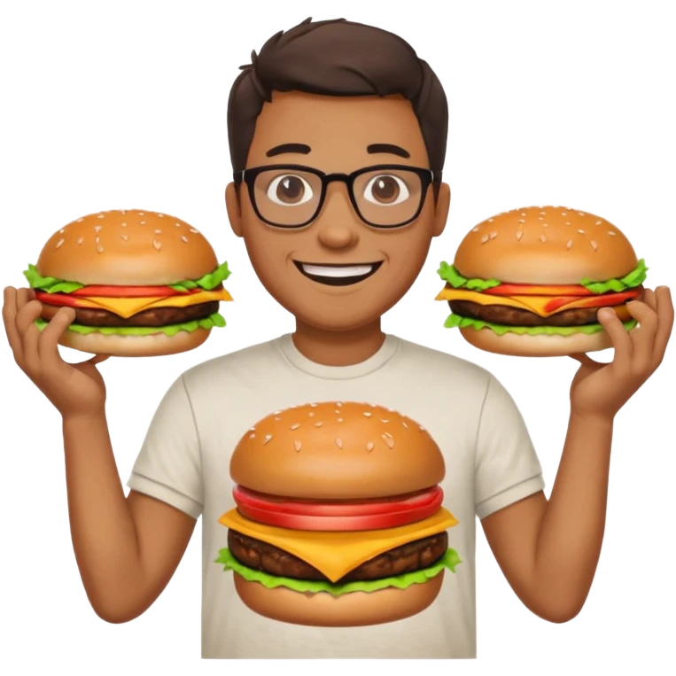 Man with Glasses & Burger – smiling guy in T-shirt, holding big burger with both hands.




































 emoji