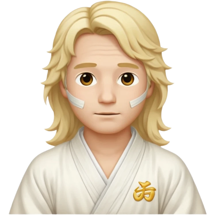 A man with long wavy blonde hair, wearing elegant white Chinese robes, delicate bandages wrapped around his neck, serene expression, traditional style, simple yet detailed emoji design emoji