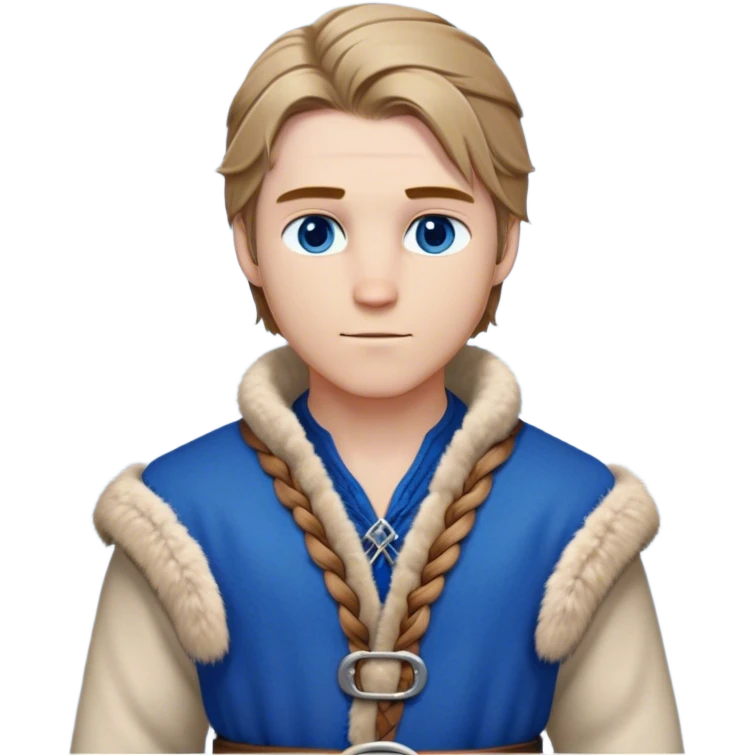 Medieval winter outfit worn by a DnD themed fantasy male character. Double-thick russet wool tunic with mink fur trim, featuring carved wooden toggles and a wide braided leather belt. Clothes only above the waist, full waist coverage. The character has no arms. Character is white-skinned with dark blonde hair, sapphire blue eyes, and medium-length straight hair touched by winter frost. emoji