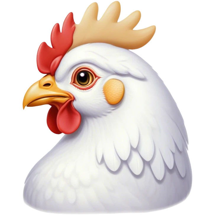 Cinematic Noble White Chicken Portrait Emoji, Poised and regal, with a compact, sturdy build and a pristine, well-groomed pure white plumage, deep-set soulful beady eyes, Simplified yet sharp and sophisticated features, highly detailed, glowing with a soft, dignified glow, high shine, intelligent and alert, stylized with an air of barnyard elegance, focused and attentive, soft glowing outline, capturing the essence of a watchful and confident fowl, so majestic it feels as though it could strut out of the screen with effortless authority! emoji