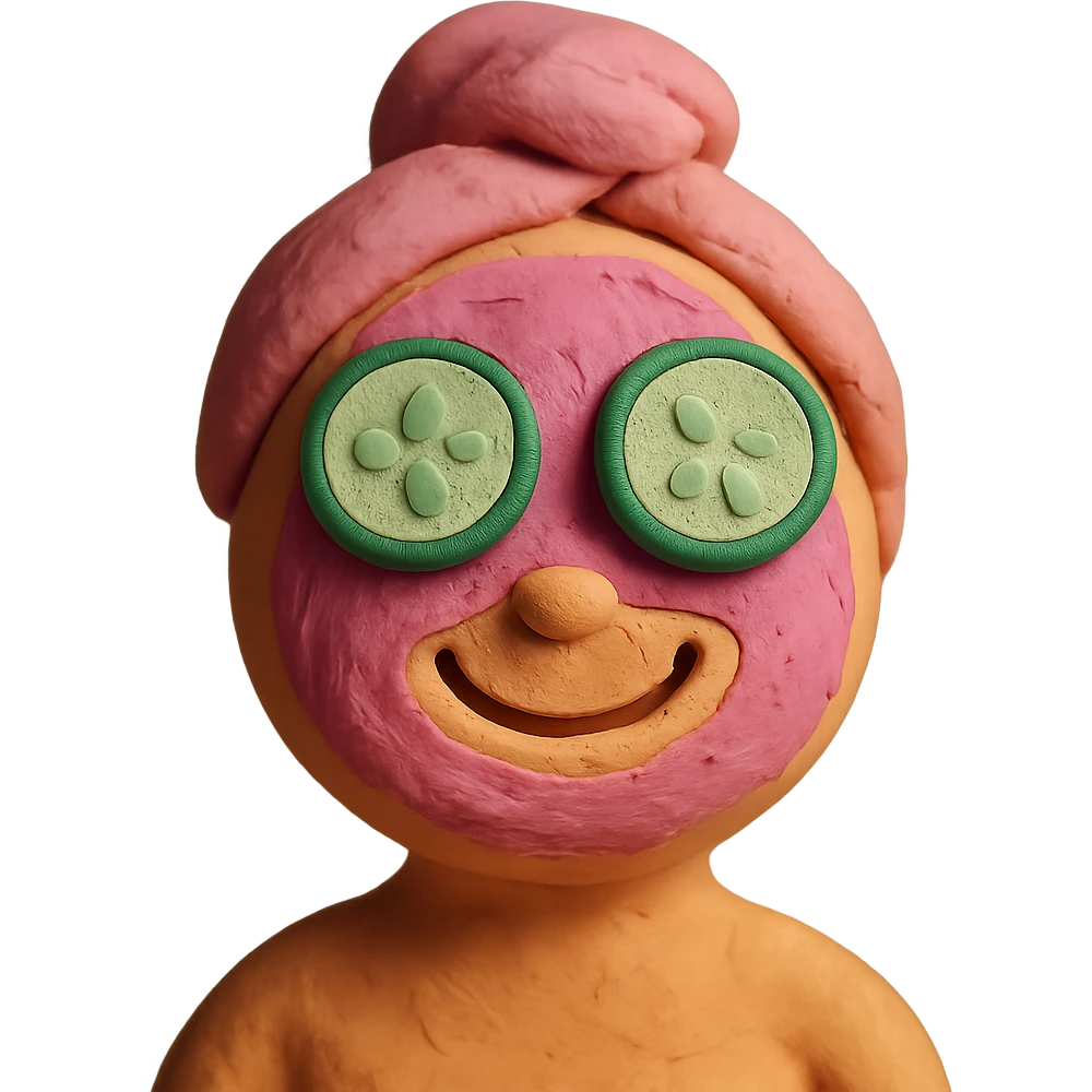 smiley face with a pink clay mask, cucumber slices on eyes emoji