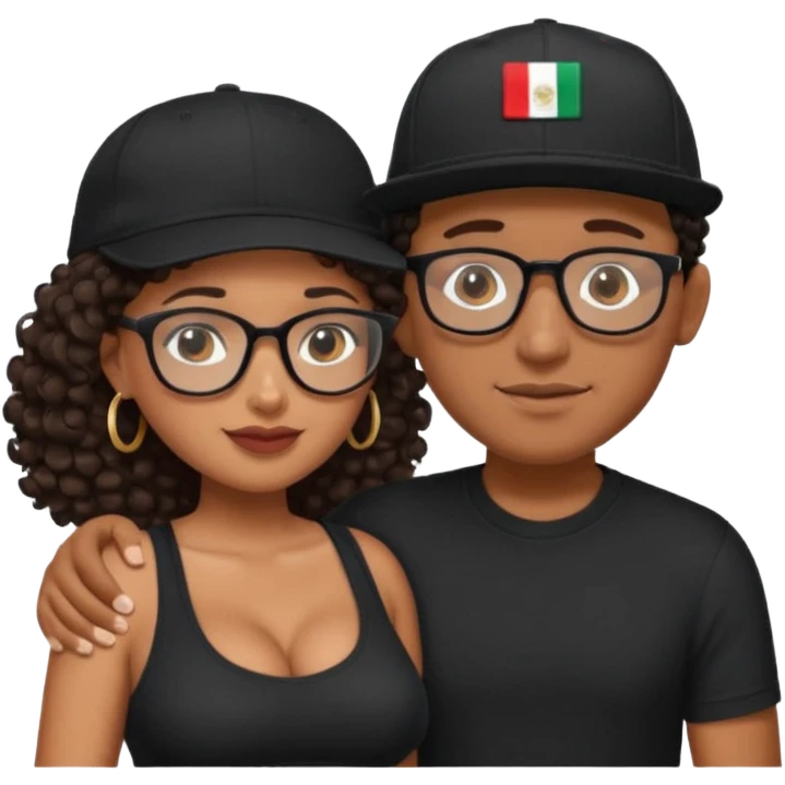 A picture of an embracing tanned couple. the man is a Mexican man with tanned skin, with a bald hair cut wearing a SnapBack hat and a black shirt. the woman is mixed, she has curly longer dark brown hair, thicker and with big boobs and she has glasses emoji