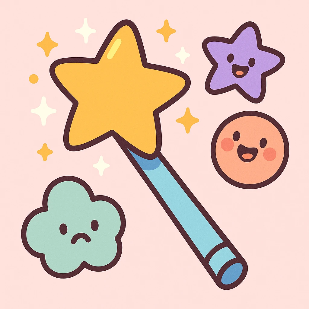 cartoon-style magic wand with a golden star at the tip, sparkling, pastel toon style emoji
