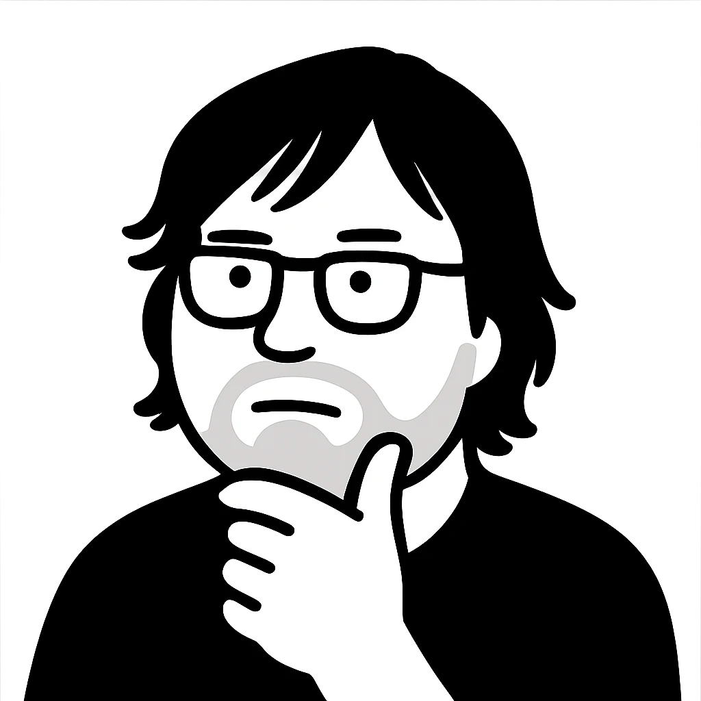 A thoughtful man with glasses, shoulder-length messy hair with side-swept bangs, a distinctly round face, a wider nose, and a neatly trimmed short beard emoji