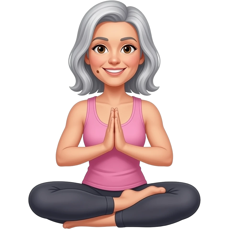 woman, brown eyes, elongated face shape, salt and pepper hair, shoulder lenght, splited from left side, mole below lip on left side, around 45 years, friendly smile,  sitting in lotus yoga position, palms joined in front of chest, wearing pink blouse with straps, arms are a bit muscular, emoji