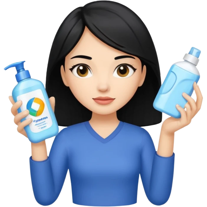 Generate a light-skinned girl with black hair who takes skincare. On the left hand side, she holds a detergent in her hand, and on the right hand side on the sheath, it is the one she applied. emoji