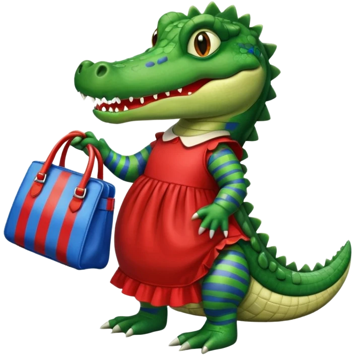 crocodile wearing a red dress, blue boots, and a striped bag emoji