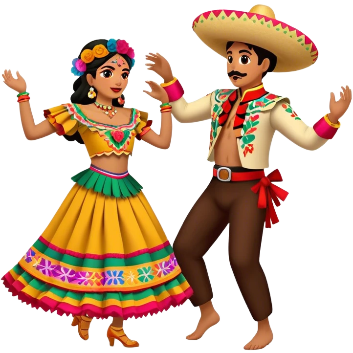 Cinematic Realistic scene of two performers dancing the Jarabe Tapatío, dressed in colorful traditional Mexican costumes with intricate embroidery, captured in energetic, festive motion with vibrant, celebratory lighting emoji