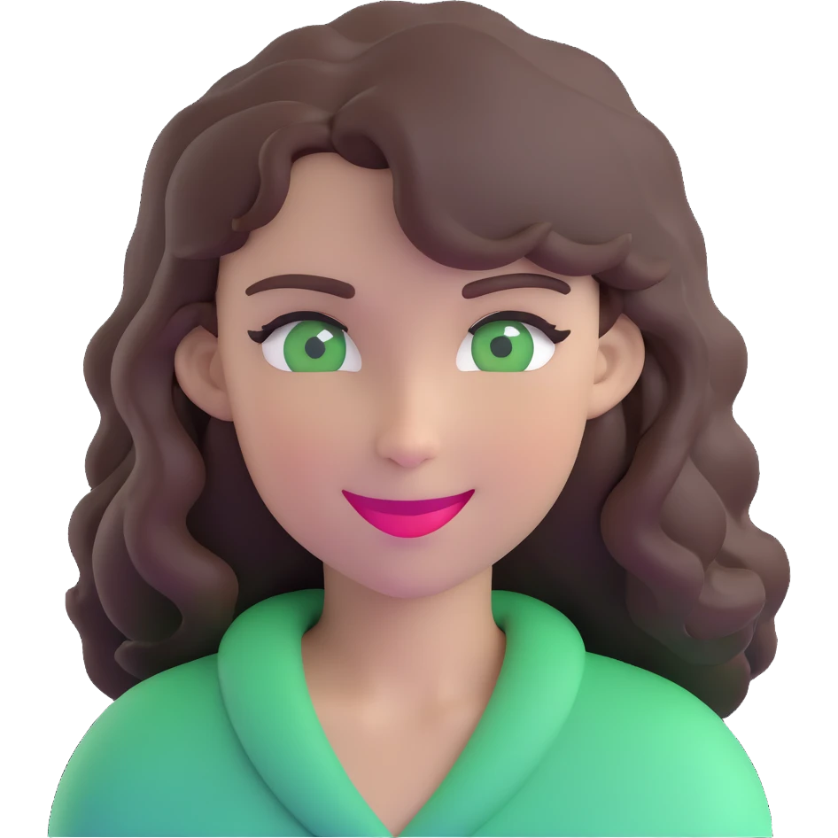 woman with wavy dark brown hair and green eyes, winking emoji