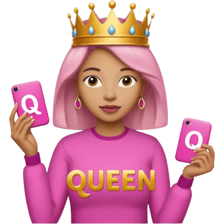 Crear una reina morena clara con ropa rosa sosteniendo la palabra Queen en sus manos emoji