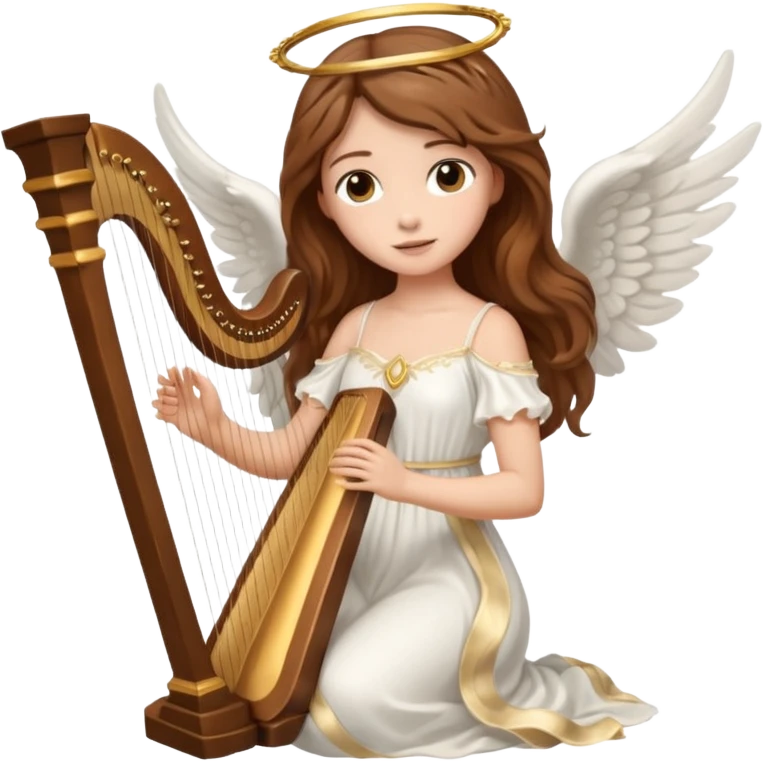Female angel holding harp with flowing brown hair emoji