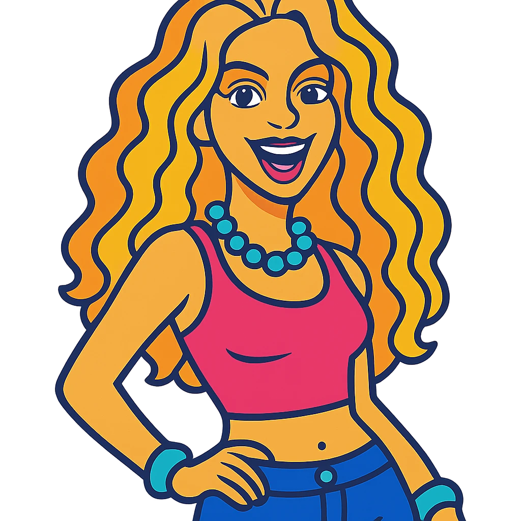 Shakira in vibrant toon style, saturated colors, playful emoji