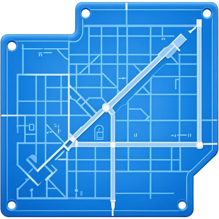 blue blueprint with a dashed line connecting a start point and a destination point emoji