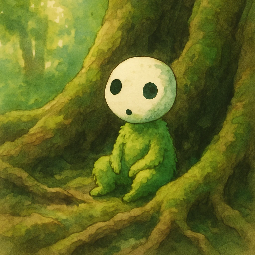 A tiny tree spirit with a round, white face and rattling head similar to kodama, sitting amongst ancient roots with soft moss growing on its body, painted in a whimsical style with dappled forest light emoji