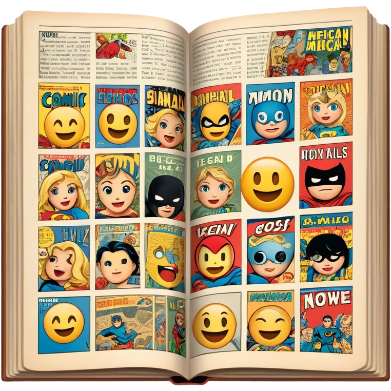 detailed and vintage-inspired emoji representing comic magazines and graphic novels as a storytelling art form. a large, open comic magazine with pages filled with classic American comic book panels. classic feel of old-school comic books a graphic novel. background transparent emoji