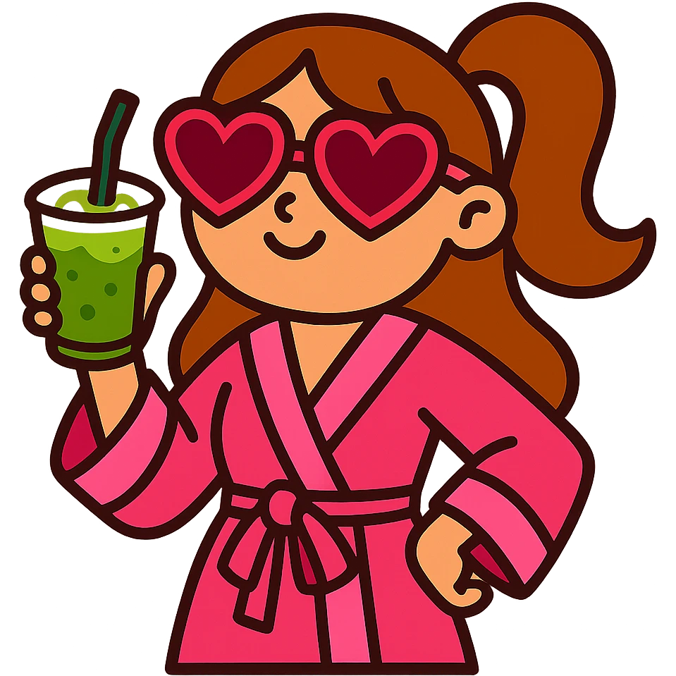 girly girl in pink robe with heart sunglasses, holding matcha emoji