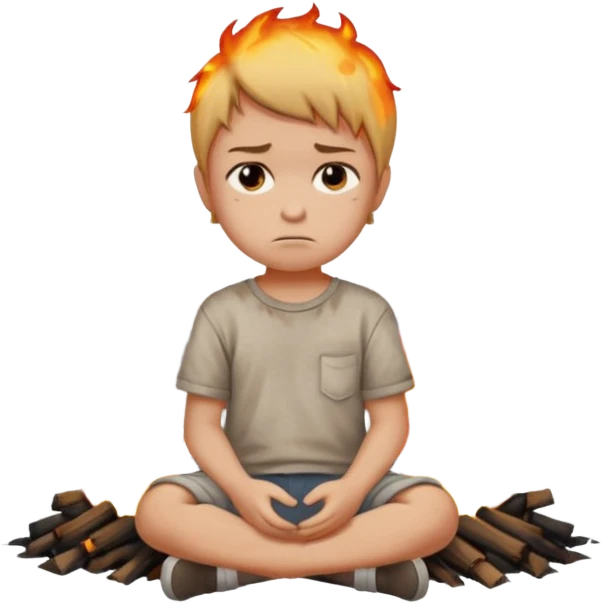small child sitting sadly with a street on fire behind him emoji