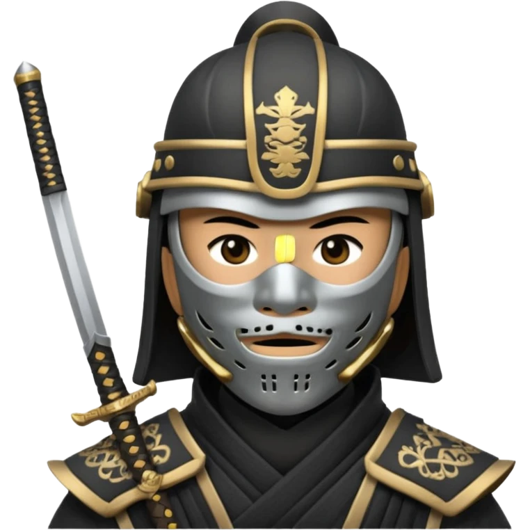 Samurai with helmet and a detailed mask covering their mouth and they are drawing out their sword emoji