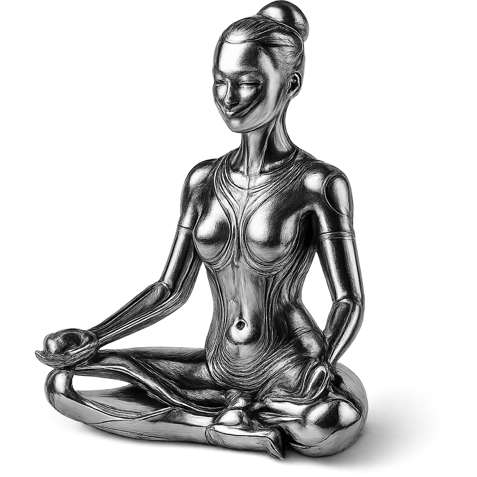 stylized chrome statue of a woman meditating in the lotus position, futuristic and polished emoji