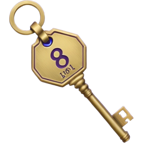antique brass hotel key with large purple leather room number tag emoji