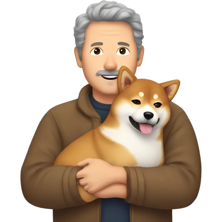 Shiba-inu cuddles middle age man with curly brown hair  emoji